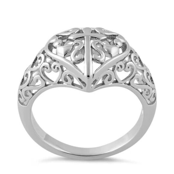 Sterling Silver Cross and Multiple Hearts Ring New - Picture 3 of 7
